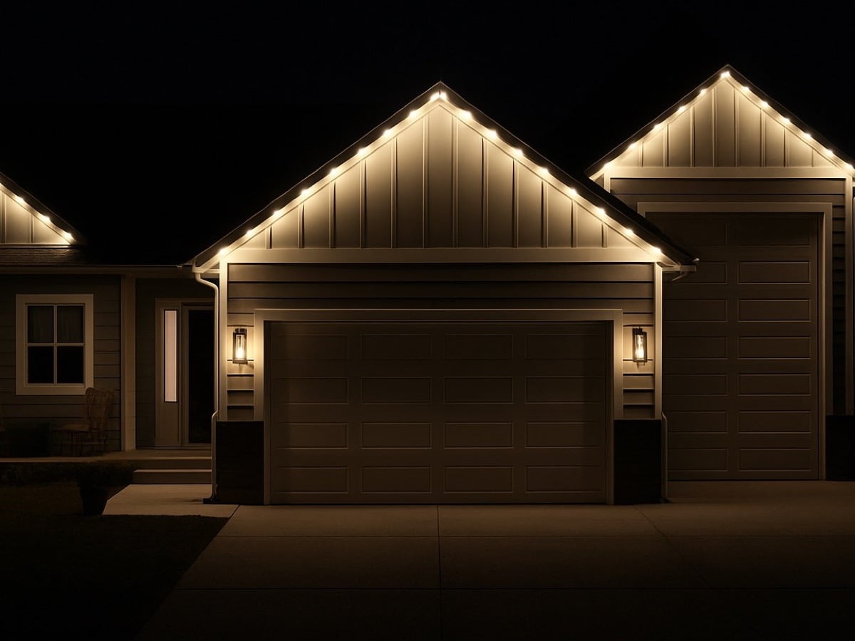 A North Idaho home at night with warm white permanent lighting tracing every gable and eave