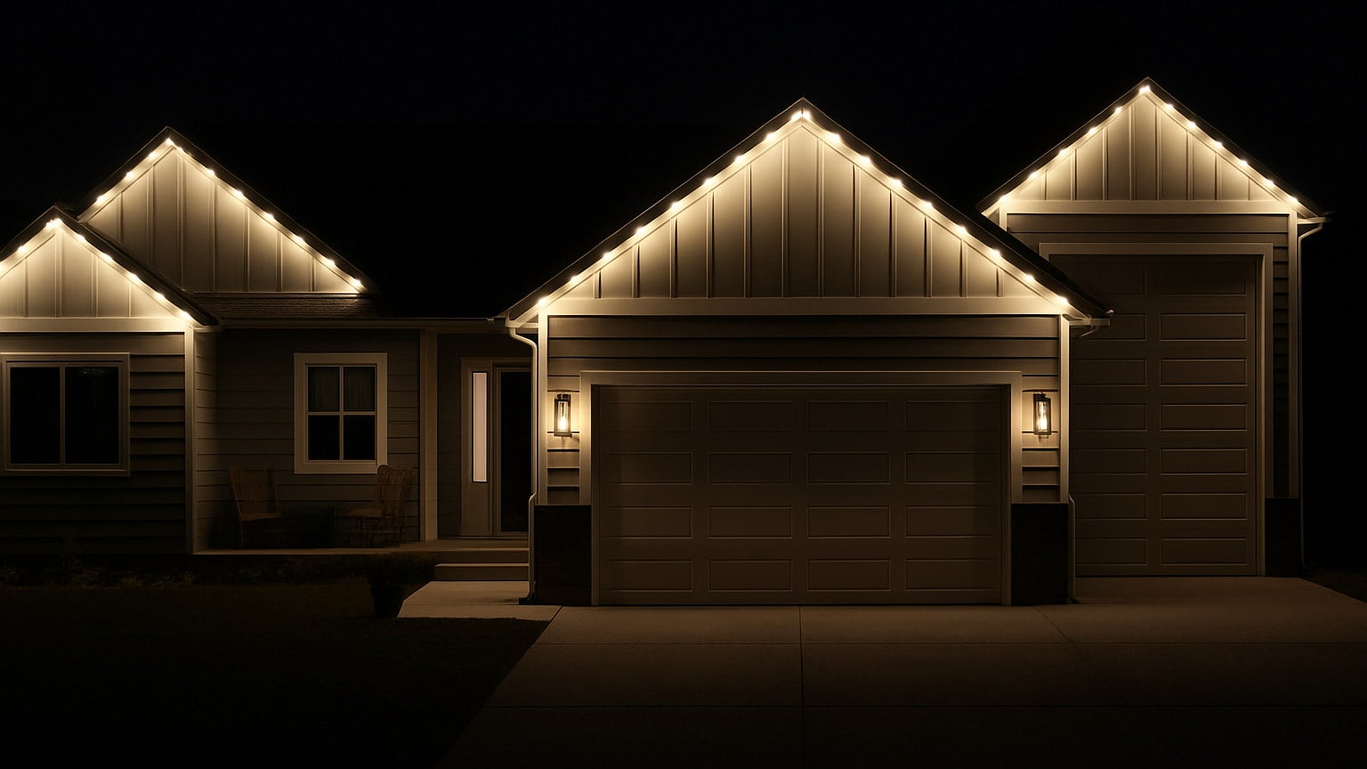 A North Idaho home at night with warm white permanent lighting tracing every gable and eave